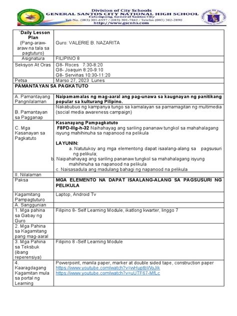 pagsusuri sa playamo|Pagsusuring Pampelikula Lesson Plan .